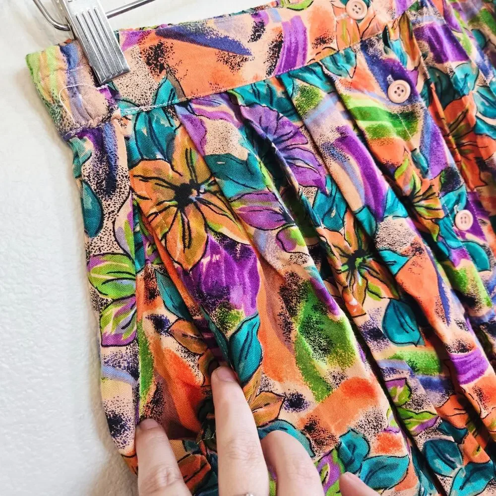 Size M – Vintage Peach Floral Rayon Midi Skirt w/ Pockets
